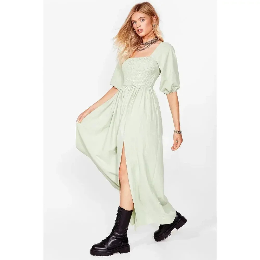 Nasty Gal Shirred Puff Sleeve Maxi Slit Dress Light Green Size 10
